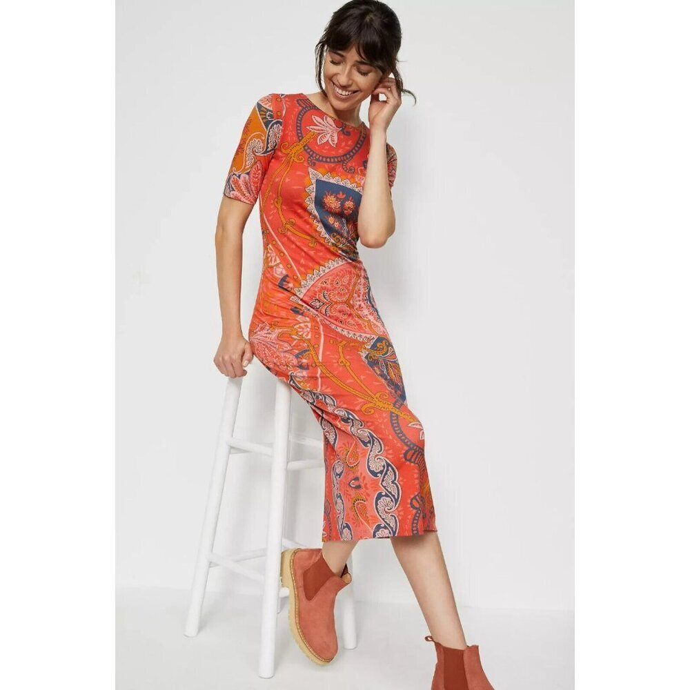 Farm‎ Rio Anthropologie Giannina Knit Midi Dress Printed Orange Zip Size Large